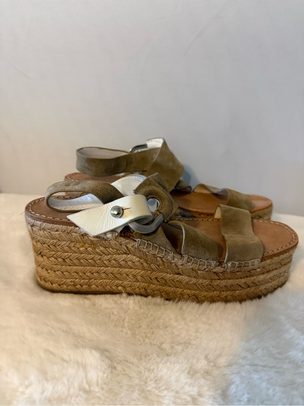 rag & bone Olive Suede Espadrille Platform Sandals with White Accent